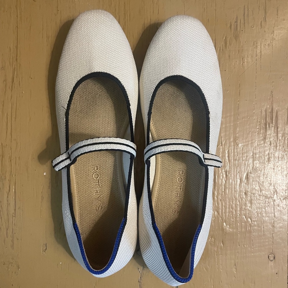 Rothy's White and Navy Mary Jane Flats